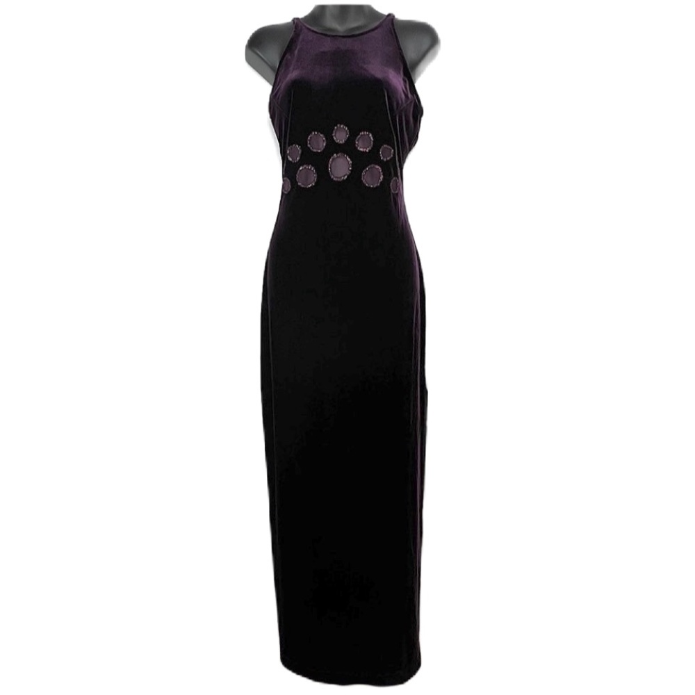 Vintage Morgan and Co. Velvet Cut Out Maxi Dress 9/10 M Burgundy 70s Glamorous